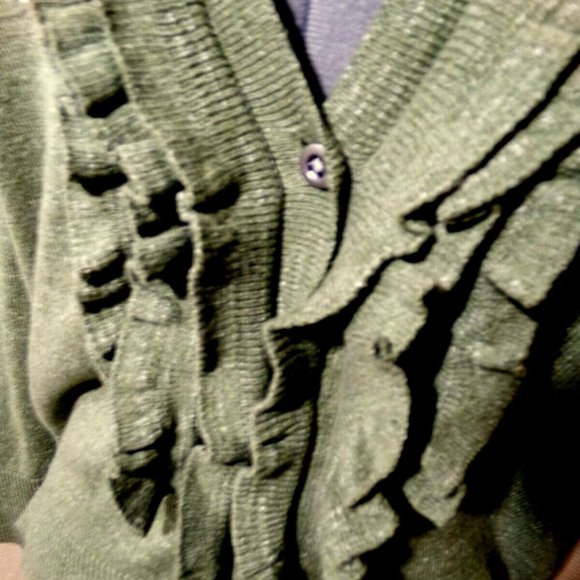 EDDIE BAUER Cardigan sweater S Olive Green Ruffled V-neck Tight-knit Long sleeve - Picture 5 of 9